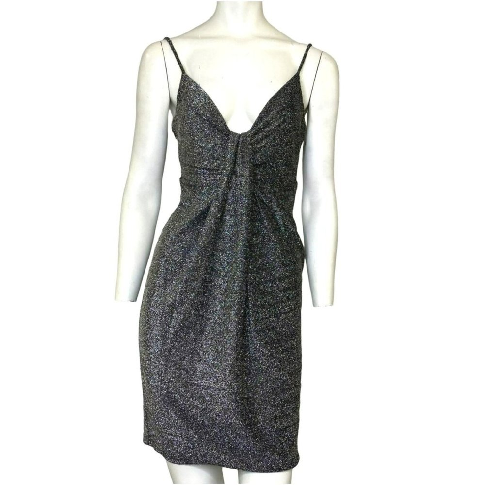 LoveRiche Metallic Draped Mini Dress Silver Black Size Large NWT